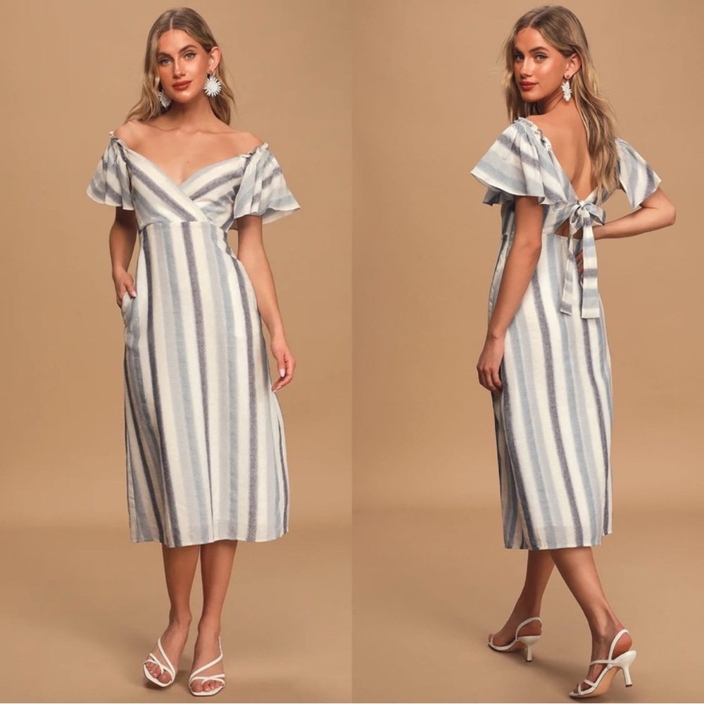 Lulus | See You in Santorini Blue and White Striped Midi Dress XL